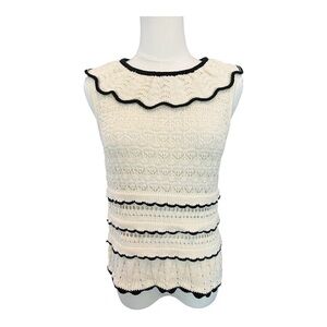 🤍🖤 EUC ELIE TAHARI Ruffle Pointelle Sleeveless Sweater Top | Size SP